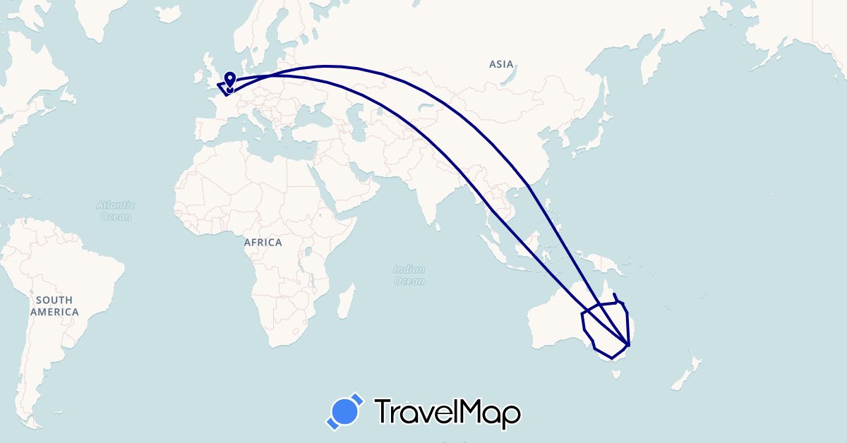 TravelMap itinerary: driving in Australia, France, United Kingdom, Hong Kong, Thailand (Asia, Europe, Oceania)